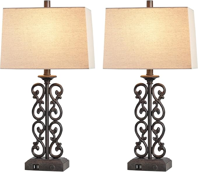 25" Set of 2 Touch Modern Resin Table Lamps for Living Room with Dual USB Ports, 3-Way Dimmable Rustic Bedside Lamps, Farmhouse Nightstand Lamp for Bedroom Office Decor, 2 Bulbs Included