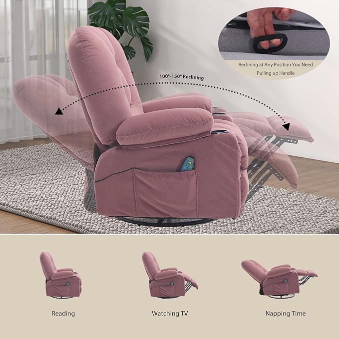 Recliner Chairs for Adults, Pink Rocker Recliners with Massage and Heat, Overstuffed Fabric Swivel Glider with Cup Holder Side Pocket, Manual Reclining Single Sofa Chair for Living Room