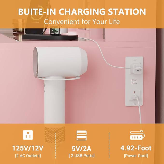 Pink Vanity Desk with Mirror and Lights, Glass Top Vanity with Lighted Mirror & RGB Glass Cabinet and 3 Drawers, Makeup Vanity Desk with Lights Dressing Table for Bedroom, 3 Color Modes