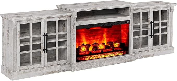 97" Farmhouse TV Stand with 33" Fireplace for TVs up to 100", Media Entertainment Center with Large Storage Cabinet and Adjustable Shelves for Living Room, Light Grey