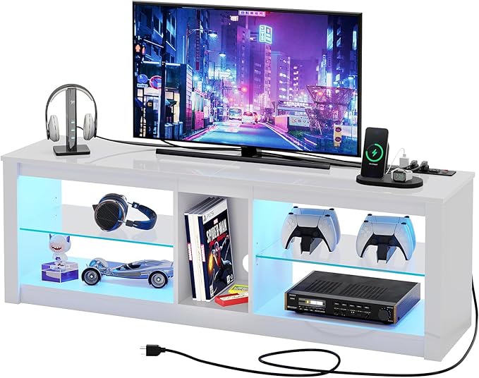 Bestier White TV Stands for Living Room, High Gloss Gaming TV Stand with Power Outlet, Modern Entertainment Center for Bedroom,LED TV Stand for 55/60/65 Inch TV, 55 Inch TV Console Table with Shelves