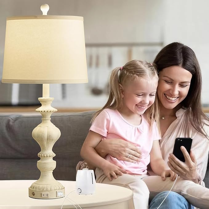 27.5" Farmhouse Table Lamps Set of 2 Bedside Nightstand Lamp with USB C+A Ports & AC Outlet, 3 Way Dimmable Touch Lamps for Bedroom Living Room Office Rustic Lamp (White Gold)