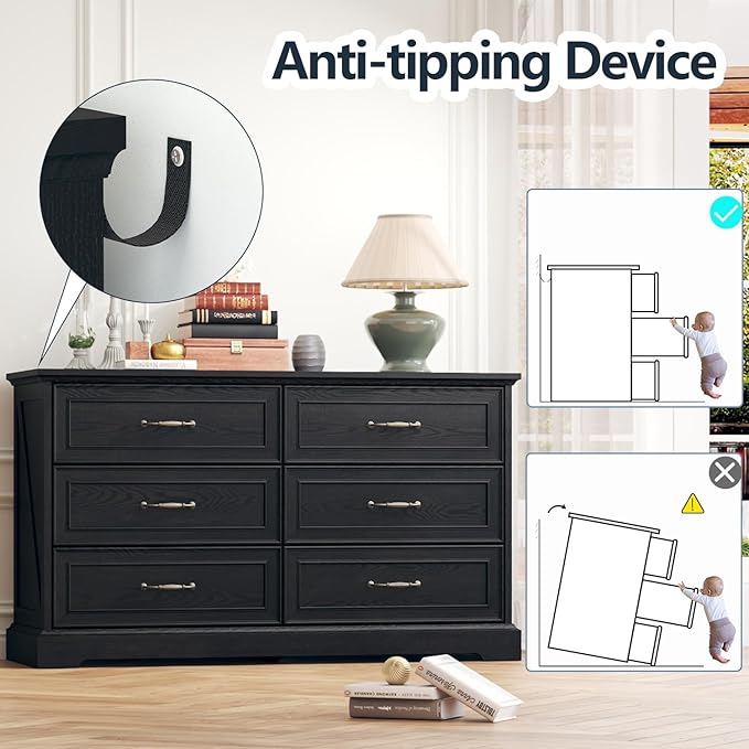 Dresser for Bedroom with 6 Drawer, Farmhouse Dresser for Closet, 47'' Wide Rustic Wooden Chest of Drawers with Natural Wood Texture, Vintage Storage Organizer for Living Room, Hallway, Black