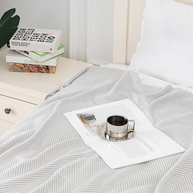 Gealaek Light Grey Throw Blanket Chevron Lightweight Fuzzy Soft Cozy Decorative Blankets for Sofa Bed Farmhouse Throw Blanket Grey with Fringe 50" x 60"