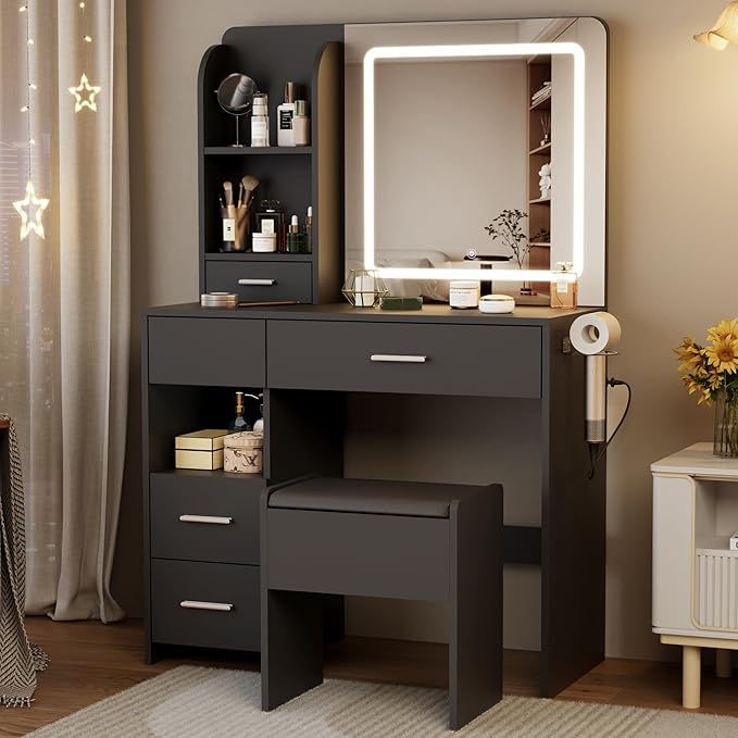 Vanity Desk with Mirror and Lights, 3 Lighting Colors and Power Outlet Makeup Vanity Desk with 5 Large Drawers and 3 Storage Shelves, Black Vanity with Storage Stool for Bedroom