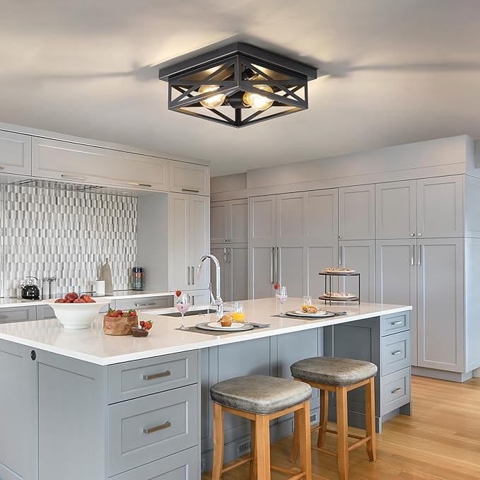 2Pack Flush Mount Ceiling Light Fixture,Black Farmhouse Kitchen Lighting Fixtures Ceiling Rustic Light Fixtures for Dining Room, Kitchen, Porch, Hallway, Entryway(Black & Gold Border)