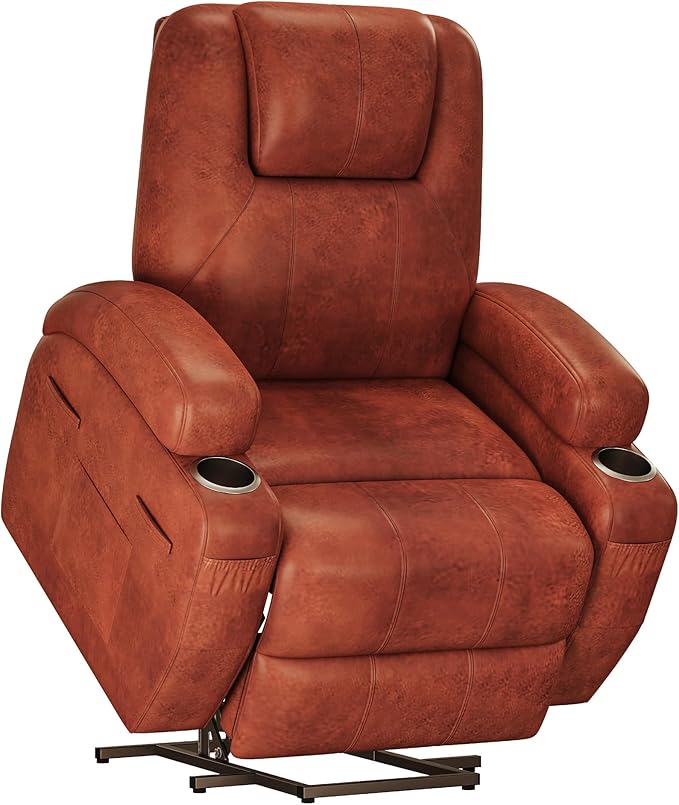 Power Lift Recliner Chair with Massage Electric Lift Chair for Elderly, Ergonomic Recliner with Cup Holders & Side Pockets, Modern Single Sofa for Living Room (Leathaire, Red Brown)