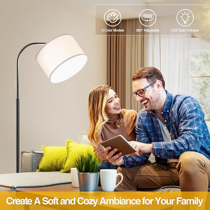 Arc Floor Lamps for Living Room with 3 Color Temperatures, Modern Floor Lamp Reading Light with 9W Bulb Included, Standing Lamp with Adjustable White Hanging Lampshade for Bedroom Office(Black)