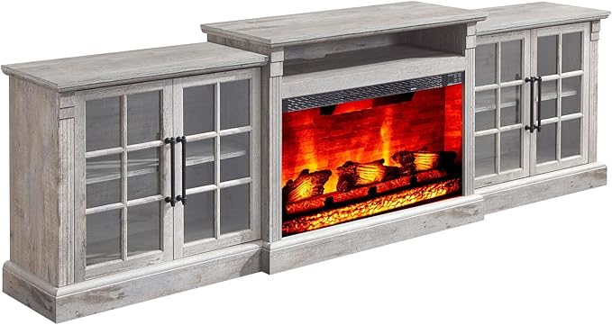 AMERLIFE 97" Farmhouse Fireplace TV Stand, Entertainment Center with Large Storage Space and Adjustable Shelf, Media Console for Living Room, Light Grey