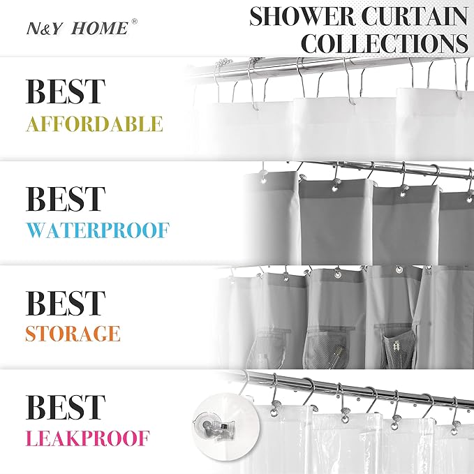 N&Y HOME Waffle Weave Shower Curtain with Snap-in Fabric Liner Set, 12 White Hooks Included - Hotel Style, Waterproof & Washable, Heavyweight Fabric & Mesh Top Window - 71x72, White