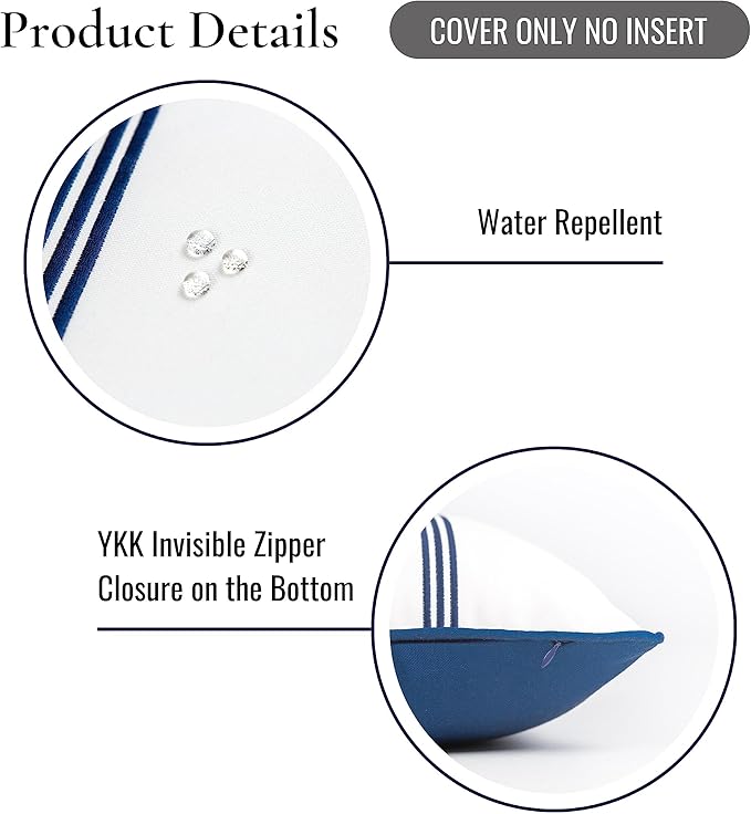 Hofdeco Premium Coastal Hampton Style Patio Indoor Outdoor Pillow Cover Only, 20"x20" Water Resistant for Backyard, Couch, Navy Blue Embroidered Square Line