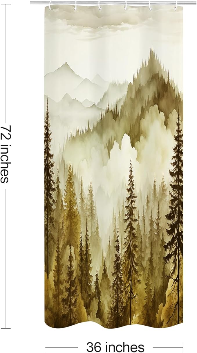 Yellow Small Stall Misty Pine Forest Shower Curtain 36 x 72, Mountain Foggy Woodland Scenery Tree Narrow Half Size Shower Curtains for Bathroom, Abstract Waterproof Nature-Themed Decor