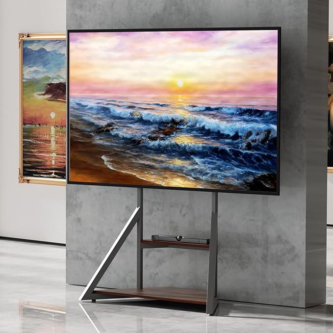 UNHO Mobile Television Stands with Wheels for 43 50 55 65 70 75 inch TVs, LCD/LED Flat Curved Screen TV Floor Stand with Wood Shelf, Art Modern Design for Living Room, Max VESA 600x400mm, Up to 176lbs