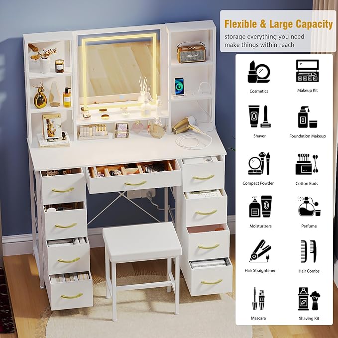 Vanity Desk with Mirror and Lights Charging Station Modern Industrial Dressing Table with 9 Fabric Drawers and Open Storage Shelves,Makeup Vanity Table for Woman Bedroom (White)