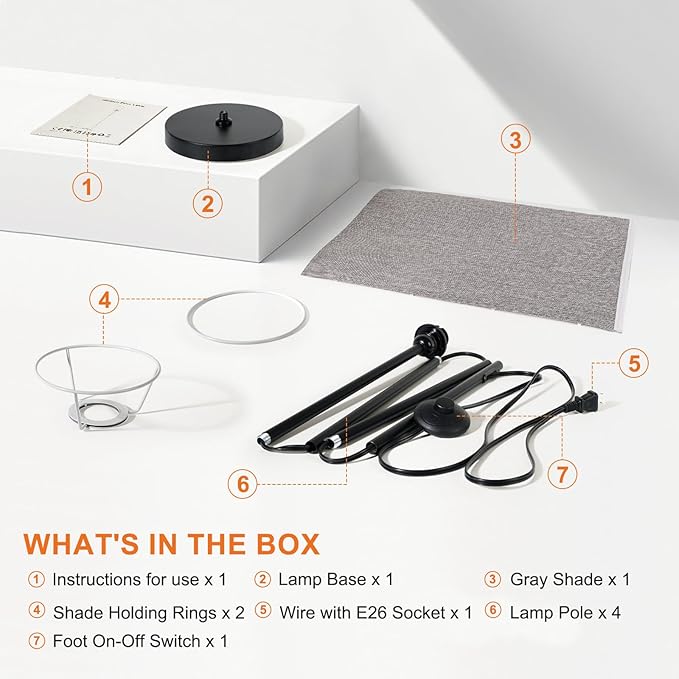 FRIDEKO HOME Floor Lamp with Grey Shade, Simple Design with Foot Pedal Switch, Small Tall Lamps for Living Room Bedroom Office, Corner Floor Stand Light with Black Pole Lamp (No Bulb/No Remote)