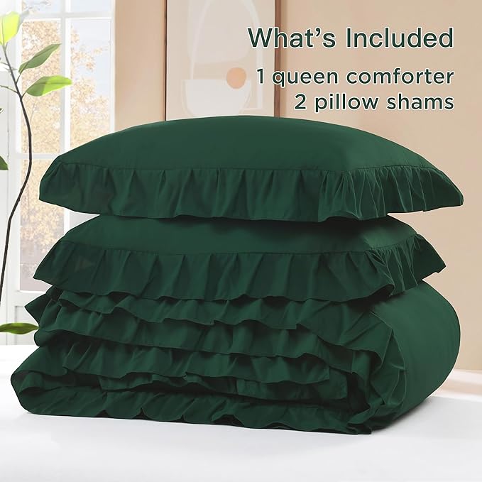 Litanika Dark Emerald Green King Comforter Set, 3 Pieces Boho Vintage Solid Forest Ruffle Bedding Set, All Season Lightweight Bed Set (104x90In Comforter & 2 Pillowcases)