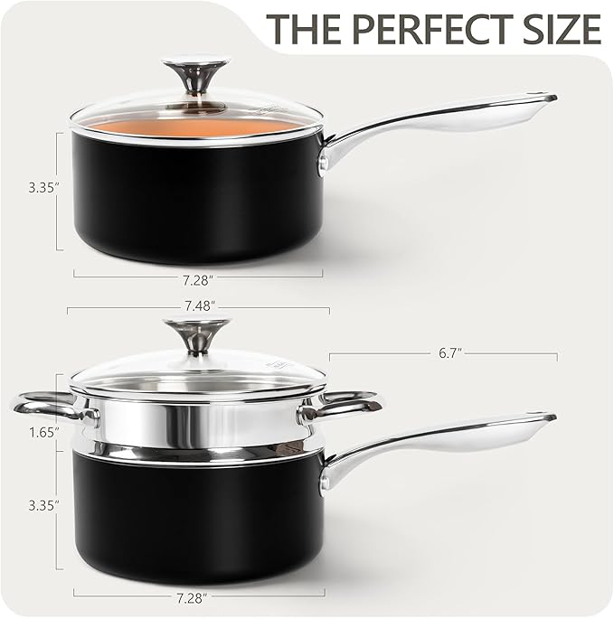 MICHELANGELO 2 Quart Saucepan with Steamer & Glass Lid - Nonstick Sauce Pan with Lid | Ceramic Steamer Pot, Induction Compatible, Oven Safe