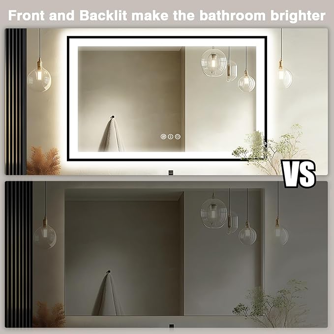 51x36 Lighted Mirrors for Bathroom Wall -Black Aluminum Framed (Front and Backlit), Anti-Fog LED Vanity Mirror, Shatter-Proof Lighted Mirror, 3 Colors Memory Mirror (Horizontal/Vertical)