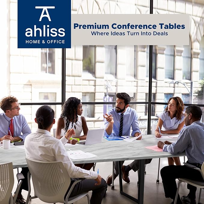 Sturdy Conference Table with Cable Management Grommets Modern Rectangle Office Meeting Table with Wood Tabletop and Metal Frame & Legs- Easy Assembly Boardroom Table (White Marble, 12 Foot)