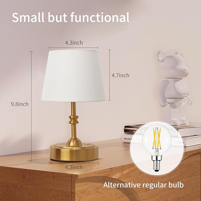 ONEWISH 2 Pack Small Cordless Lamps, Battery Operated Table lamp Dimmable, 4000mAh Rechargeable, Touch Bedside Lamp with White Fabric Shade, 2700K Bulb Included, for Dining, Patio, Bathroom(Gold)