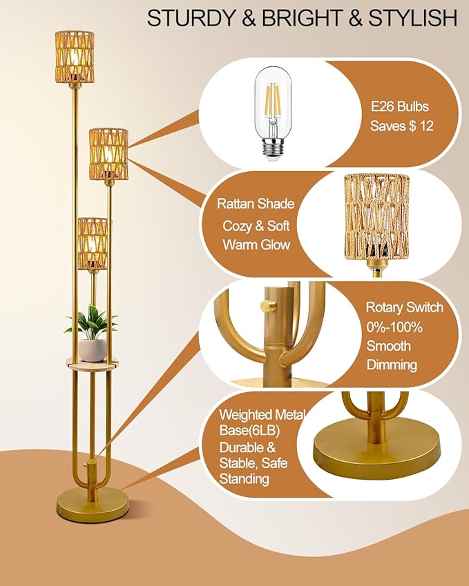 Lightdot Dimmable Boho Floor Lamps with Table, 3-Lights Rattan Floor Lamp with Shelves, 3000K Warmwhite Candle Holder Style Farmhouse Floor Lamp, Rustic Gold Standing Lamp for Living Room Bedroom