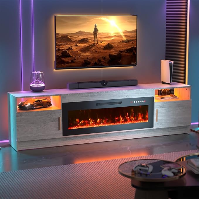 80'' TV Stand with 42''Fireplace-Grey Entertainment Center for 90 inch TV- TV Cabinet with LED Light, Storage, High Glossy Door, Rustic TV Console for Living Room