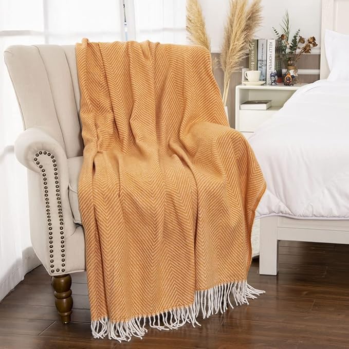 Gealaek Decorative Herringbone Faux Cashmere Throw Blanket Orange Cheveron Fringe Lightweight Fuzzy Soft Cozy Throws for Sofa Bed Farmhouse Throw Blanket 50" x 60"