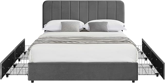 VECELO Queen Size Upholstered Bed Frame with 4 Drawers and Headboard, Velvet Platform Storage Bedframe, Wooden Slats Support, No Box Spring Needed,Dark Grey