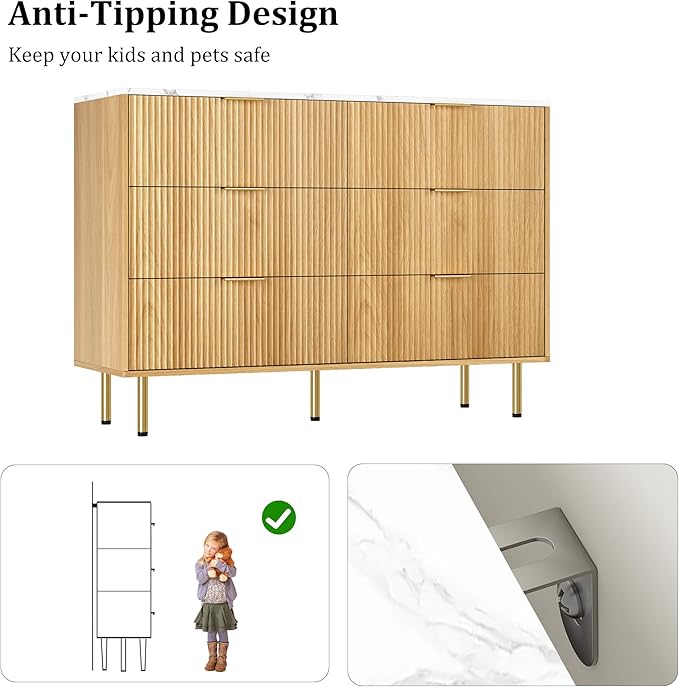 GarveeHome Fluted 6 Drawers Dresser for Bedroom, Modern Chest of Drawers, Tall Brown Dresser with Faux Marble Top and Gold Handle, Wood Drawer Organizer for Bedroom, Living Room, Hallway, Entryway