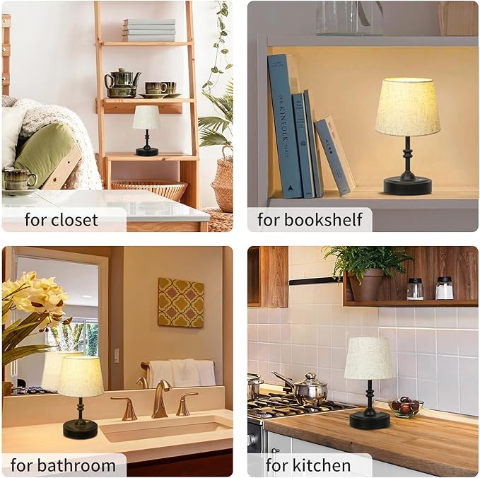 ONEWISH Small Cordless Lamp, Battery Operated Table lamp Dimmable, 4000mAh Rechargeable, Touch Bedside Lamp with Beige Linen Shade, 2700K Bulb Included, for Dining, Patio, Bathroom(Black)