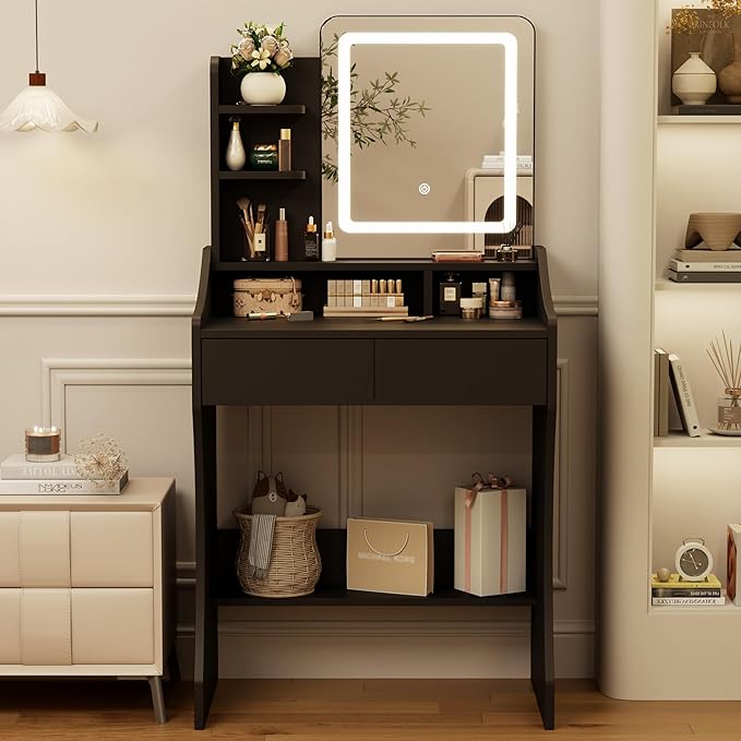 Small Vanity Desk, Makeup Vanity with Mirror and Lights, Vanity Desk with Drawer & 3 Storage Shelves, Black Makeup Vanity Desk with Lights for Bedroom