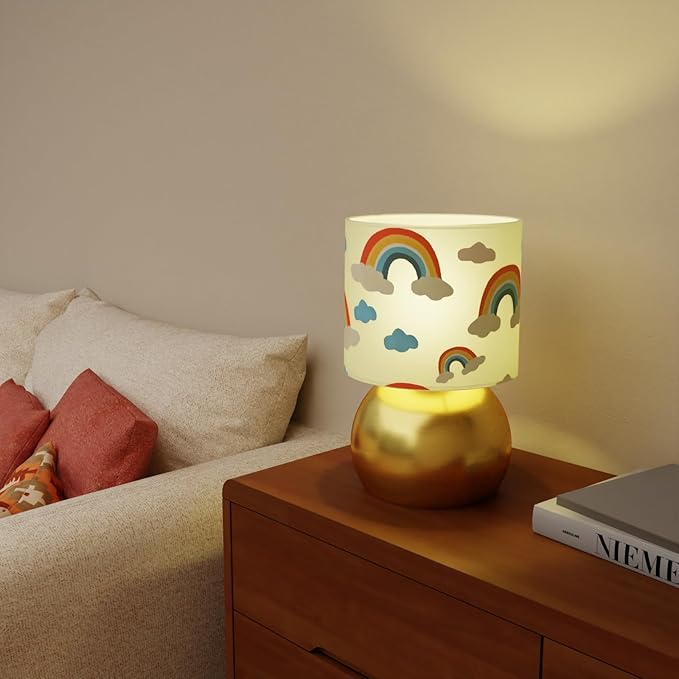 Set of 2 Gold Small Bedside Table Lamps with Rainbow Cloud Pattern Shades (Bulb Included)