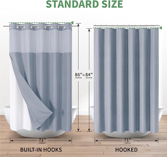 Extra Long No Hook Shower Curtain with Snap-in Fabric Liner Set,Slub Textured Fabric Shower Curtains for Bathroom,Hotel Style Modern Shower Curtain,Water Repellent & Washable,71x86(84),Blue