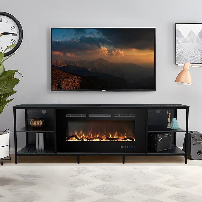 Fireplace TV Stand with 36" Electric Fireplace, 70" Industrial Entertainment Center with Metal Frame, Media TV Cabinet for TVs Up to 80", 750W/1500W, Thermostat, 13 Flame Colors, Black