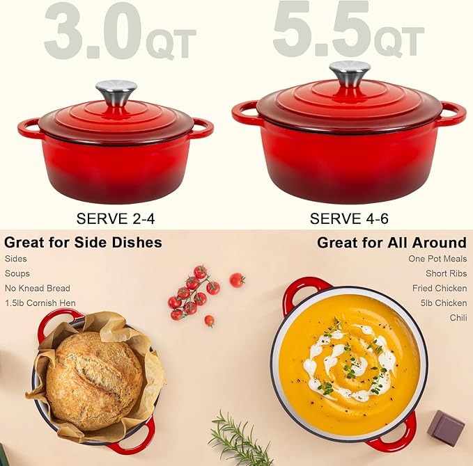 Romswi Enameled Cast Iron Dutch Oven Set - 3qt & 5.5qt Dual Combo - 7-Layer Professional Grade Dutch oven pot with lid - Oven Safe for Braising, Stews, Roasting, Bread Baking - Red Bread Dutch Oven