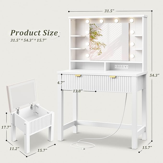 Vanity Desk with HD Mirror and 3-Color Adjustable Lights, Fluted Makeup Vanity with Storage Stool, 2 Large Drawers & Charging Station, Small Vanity for Women's Bedroom, Dressing Room, White