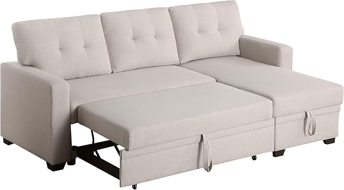 82 Inch Convertible Sleeper Sectional Sofa with Storage Chaise and Pull-Out Bed, Linen Upholstered Reversible Corner Couch, Modular L Shaped Couches for Living Room, Home Furniture, Beige