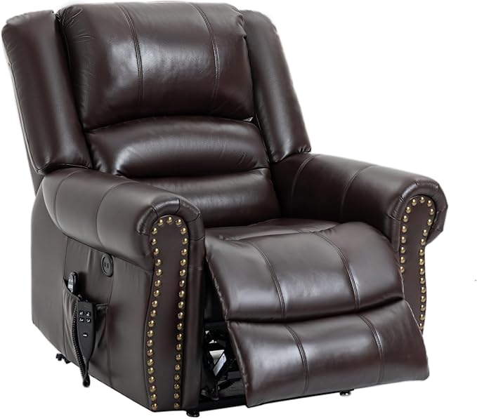 Dual Motor Power Lift Chair, Lay Flat Recliner Chair, Electric Recliner with Massage and Heat for Elderly, Remote Control, Infinite Position, Standing Assistance, USB Ports, Faux Leather, Brown