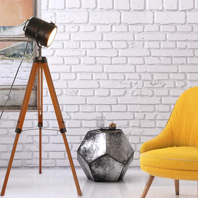 Industrial Vintage Black Tripod Floor Table Lamp - Modern Adjustable Height Wooden Nautical Cinema Searchlight - Spotlight Standing Reading Light for Living Room Bedroom Office Decoration(no Bulb)