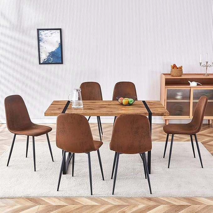 7 Piece Dining Table Set,Dinner Table Set for 6,55'' Kitchen Table and Suede Nap Fabic Chairs Set of 6,6 Chair Dining Table Set for Kitchen Dining Room