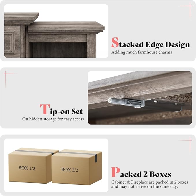 AMERLIFE 70" Electric Fireplace with Mantel, Farmhouse 3-Sided Fireplace TV Stand for TVs up to 75 Inch, Entertainment Center with Adjustable Shelves & LED Light, Rustic Grey