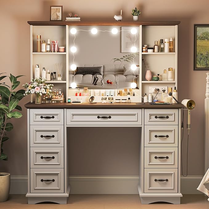 Maupvit Vanity Desk with Mirror and Lights,Large Makeup Table with Storage,White Vanity with Drawers and Shelves,Bedroom Dressing Table