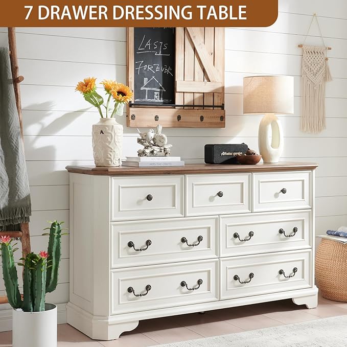 Farmhouse 7 Drawers Dresser for Bedroom, 54" Wide Modern Chest of Drawers with Metal Handle, Farmhouse Dresser TV Stand, Wood Drawer Organizer for Bedroom, Living Room, Hallway (White)