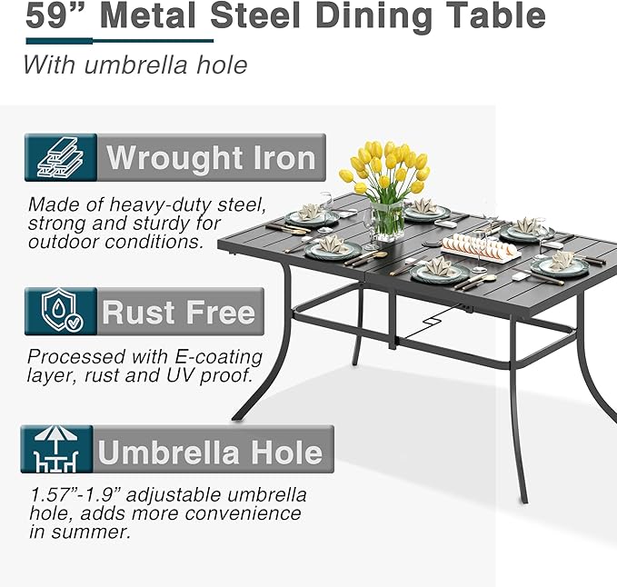 PHI VILLA Outdoor Modern Dining Table Set for 6 Dining Chairs Patio Furniture Set of 7, Metal Patio Table with Umbrella Hole & Wrought Iron Chairs for Bistro Backyard Garden