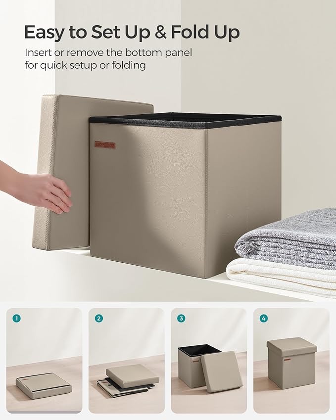 SONGMICS Mazie Collection - 15 Inches Ottoman with Storage, Footstool, Storage Ottoman, Load 660 lb, for Dorm, Living Room, Bedroom, Synthetic Leather, Camel Brown ULSF010K03