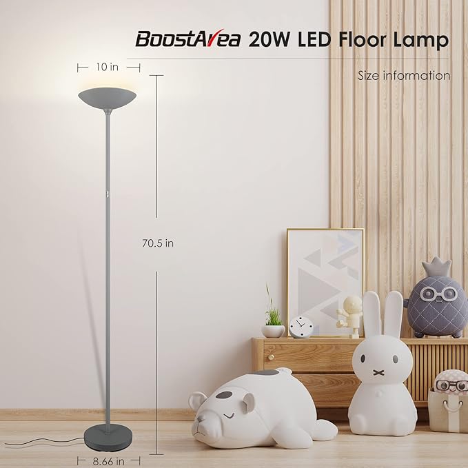 Floor Lamp, Standing Lamp, 20W 2000LM LED Torchiere Floor Lamp, Stepless Dimmable, Touch Control, 3000K Daylight, 50000hrs Lifespan, Floor Lamps for Living Room, Standing Lamps for Bedroom Gray