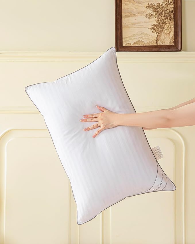 Goose Feather Down Pillow, 100% Cotton Cover Bed Pillow Set of 2 Stripe White Queen (Pack of 2)