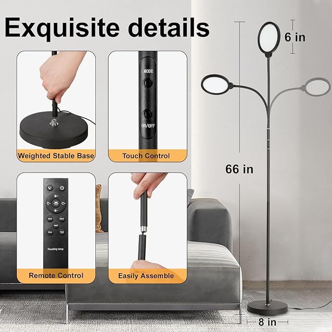 LED Floor Lamp, Living Room Lamps, 3 Color Temperatures Bright Modern Tall Lamp, Adjustable Gooseneck Standing Lamp with Remote & Touch Control,Floor Lamp for Living Room, Bedroom, Office