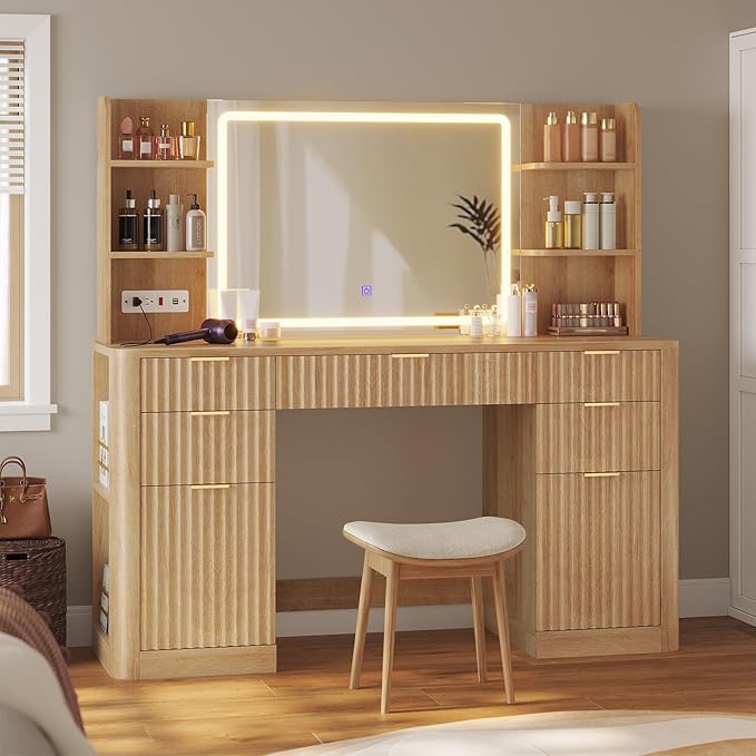 51.2" Fluted Makeup Vanity Desk with Large 30.3" Mirror and Lights, 5 Drawer Vanity with Power Strip, 6 Open Shelves, 2 Cabinet,Modern Dressing Table with Solid Wood Legs for Bedroom, Oak