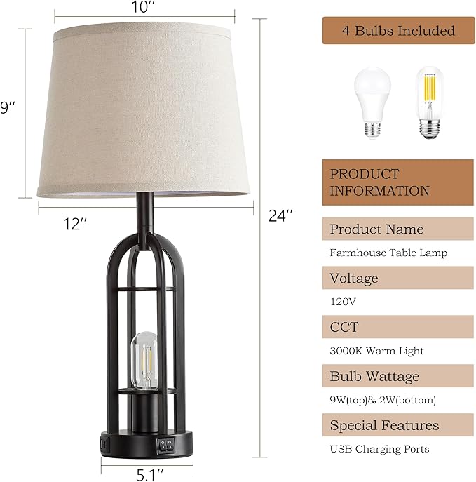 Black Table Lamps for Living Room Set of 2 - Farmhouse Lamps for Night Stands with USB A+C, Bedside Lamps for Bedroom, 24'' Industrial Lamp for Living Room End Tables